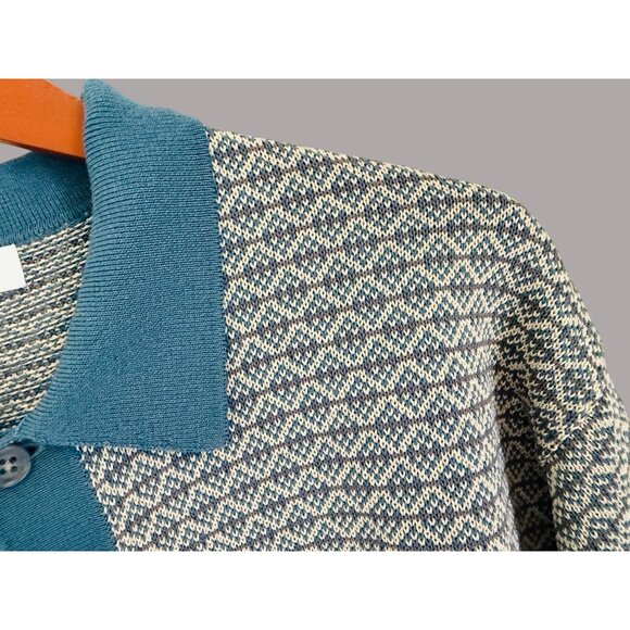 Monkey Time XL Button-Up Knit Cardigan Sweater With Teal Collar & Geometric Patt - Picture 3 of 11